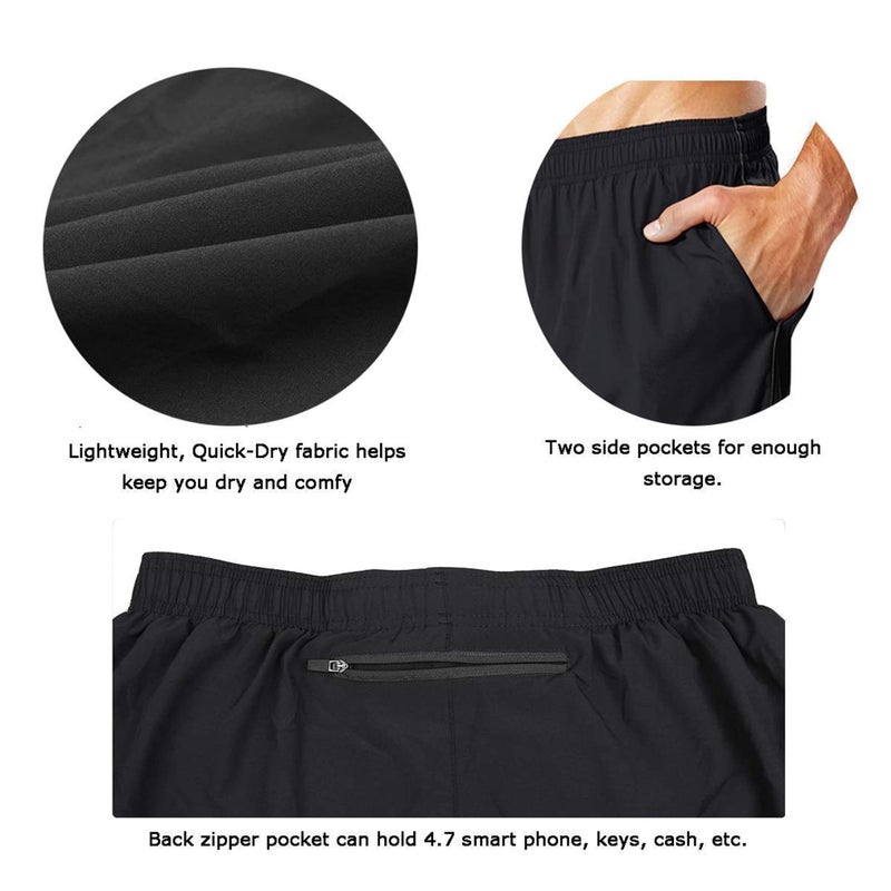 EZRUN Men's 5 Inches Running Workout Shorts Quick Dry Lightweight Athletic Shorts with Liner Zipper Pockets,Black,L - Image 4